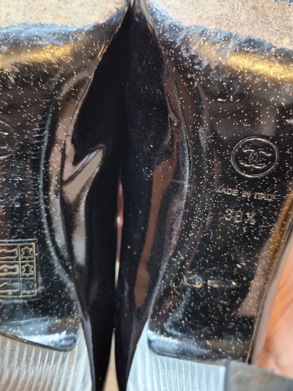 CHANEL Black Patent Pumps with Gold Cap Toe - Picture 9 of 10